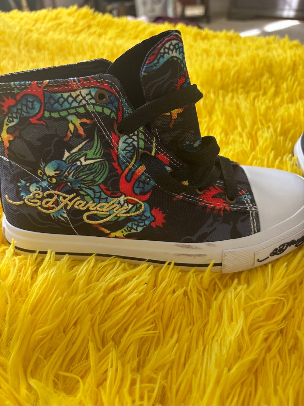 Ed Hardy Black High-Top Kids Sneaker with Multicolor Dragon Print